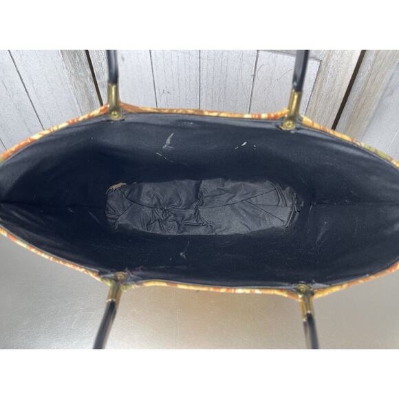 Vintage 1970s Floral Yellow Tapestry Material Tote Bag Purse Top Handle - Picture 2 of 6